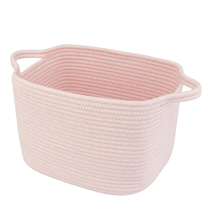 XUANGUO Woven Cotton Rope Storage Basket with Handles 13x10x9 inch Pink | Woven cotton rope basket for shelves and closets. Perfect for toys, books, clothes, nursery storage and gift baskets.