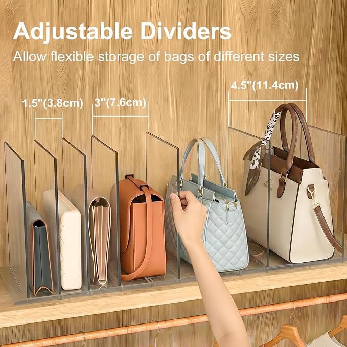 SortNStore Bag & Purse Organizer for Closet: Adjustable Clear Dividers | Plastic Clutch for Closet Organizers Handbag Storage - Keep Carteras & Pocketbook Upright