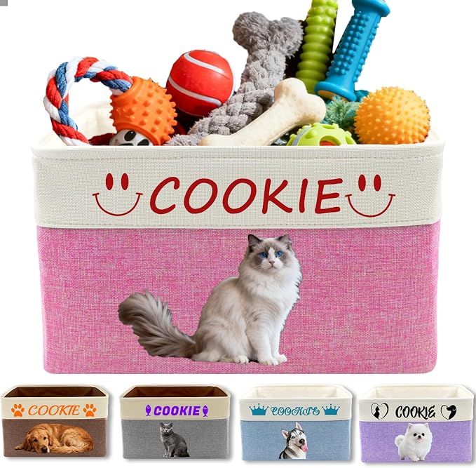 Personalized Pet Toy Basket Custom Dog Toy Storage Organizer with Handles Customized Dog Basket Box with Name Photo Icon for Dogs Cats - Pink