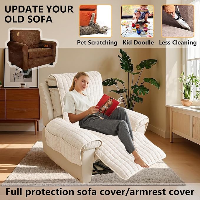 Polyester Flannel Recliner Cover, Non-Slip with 2 Side Pockets | Soft short-pile polyester with silicone backing guards armrests from pet scratches; thick one-piece cover, machine washable.
