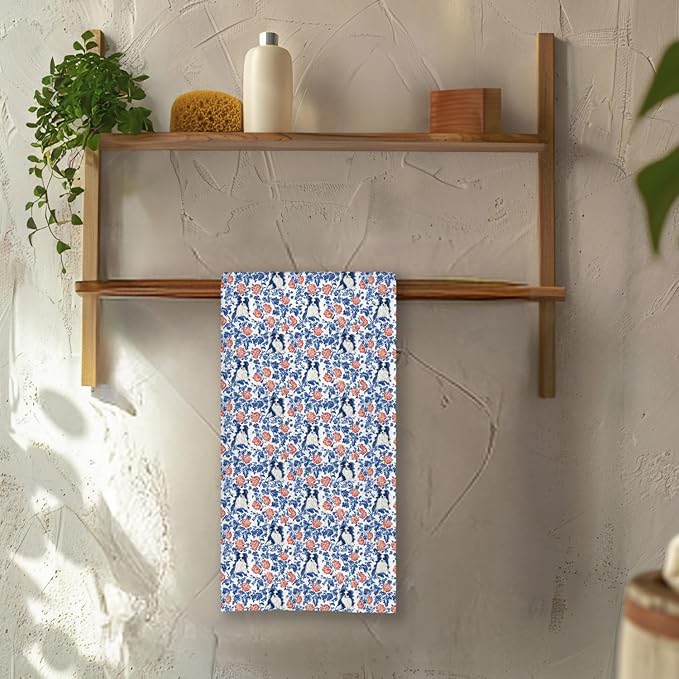 Chicimln Chinoiserie Floral Papillon Dog Kitchen Towels, Papillon Dog Gifts Decorative Hand Towels for Bathroom, Red and Blue Dogs Dish Tea Towel Drying Cloth for Kitchen Decor, 16x24 Inch