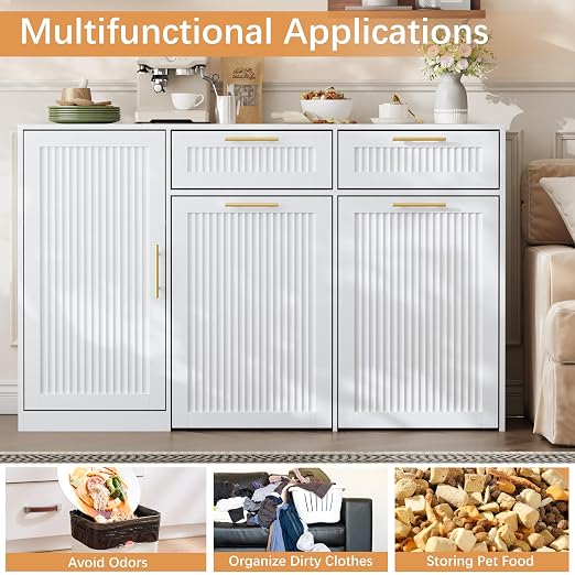 2 X 13 Gallons Double Pull Out Trash Can Cabinet with Storage, White | 54"W Fluted Kitchen Trash Cabinet with Adjustable Shelf & Drawers, Hidden Pet Proof Trash Can Holder for Laundry Living Room