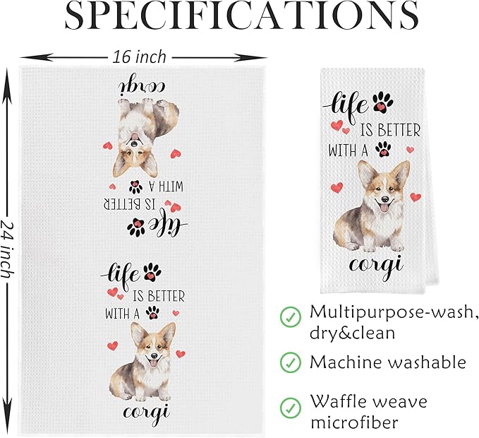 Corgi Gifts Dish Towels Set - Corgi Gifts Decorative Waffle Weave Kitchen Towels, Dog Lover Gift Hand Towel, Dog Mom Tea Towel (16×24 Inches Set of 2)