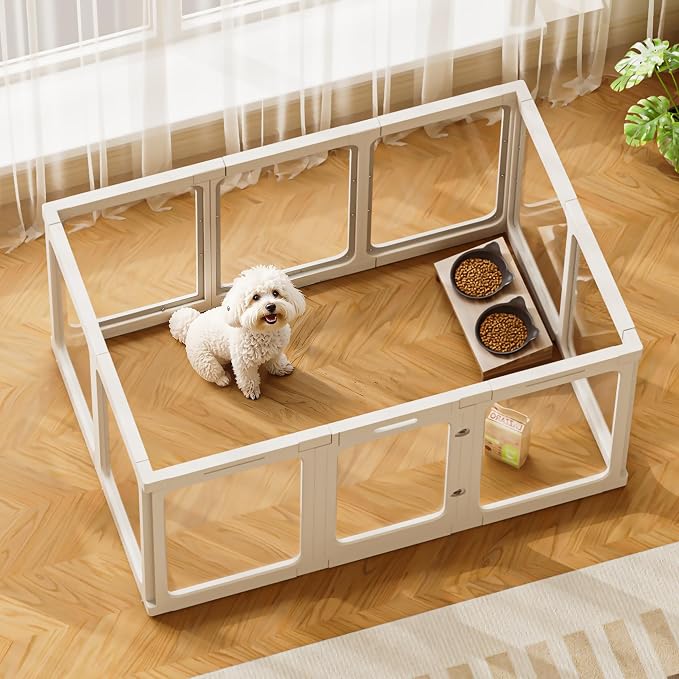 Jalove Acrylic Dog Playpen Indoor, 24" Easy Assemble Clear Pet Play Pen | Plastic Pet Playpen with Door for Puppy Rabbit, Easy Assemble,Easy to Clean,Relieves Pet Anxiety Small Cage, White 10 PCS