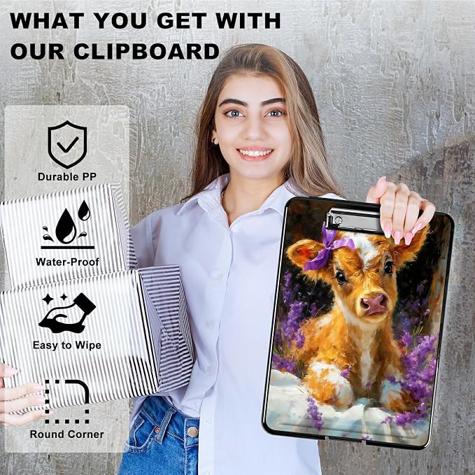 Heavy Duty Storage Clipboard, Slim Nursing Clipboard with Internal Pen Case, Portable File Organizer Case for A4 Letter Size Paper Office Medical Professionals, Lavender Cow