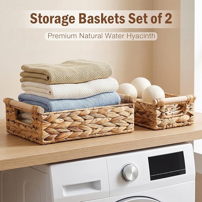 2 Pack Toilet Paper Storage Basket, Wicker Baskets for Bathroom, Water Hyacinth Baskets with Wooden Handles for over Toilet Storage Shelf, End Table, Shelves and More(Large&medium)