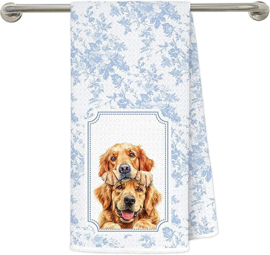 Blue and White Chinoiserie Golden Retriever Kitchen Towels 16x24 in, Gifts for Golden Retriever Lovers, Grandmillennial Toile De Jouy Dog Decorative Hand Tea Dish Towels for Bathroom Kitchen