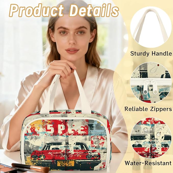 Old Red Truck Car Travel Toiletry Bag with Handle | Wet & Dry Separation, Full-Size Bottle Friendly, Leak-Proof, Waterproof, Easy to Clean, for Travel, Gym, Home