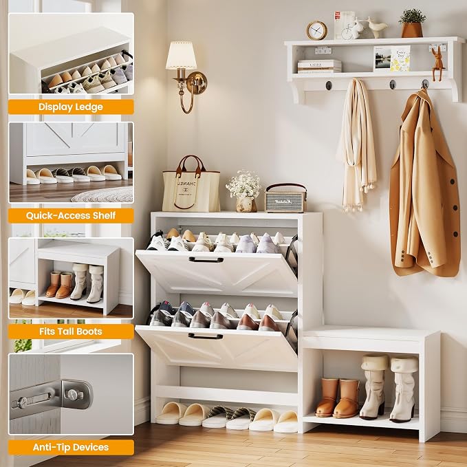 Homeiju Shoe Storage Cabinet Organizer with 2 Flip Drawers, Freestanding Narrow Shoe Rack for Entryway, Shoe Bench, Wall Ledge Shelf, Coat Hooks & Anti-Tip Safety for Kids & Pets – White