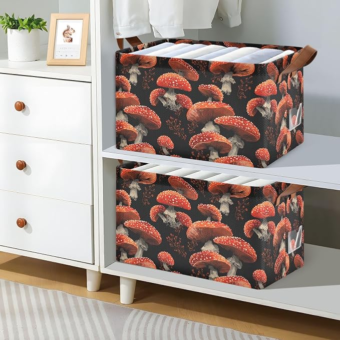 Red Mushrooms Amanita Mushroom Storage Basket Foldable Cube Storage Bins with Handles&Label Waterproof Organizer Box Bin Large Rectangle Decorative Baskets for Shelves Home Room Laundry, 2 Pack
