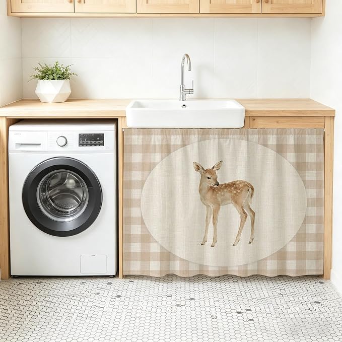 Resting Fawn Oven Skirt Curtain for Kitchen Decor 28"x35", Retro Natural Animals Farmhouse Plaid Self Adhesive Stove Curtains Skirt Cabinet Curtains for Bathroom Laundry Room