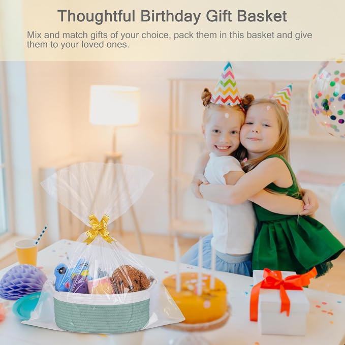 Small Empty Gift Basket with Bag & Ribbons, White & Light Green | 12“x8”x5”, Cotton Rope Woven Basket for Birthdays, Baby Showers, Mother's Day, Christmas; Stores Small Items, Kids & Pet Toys