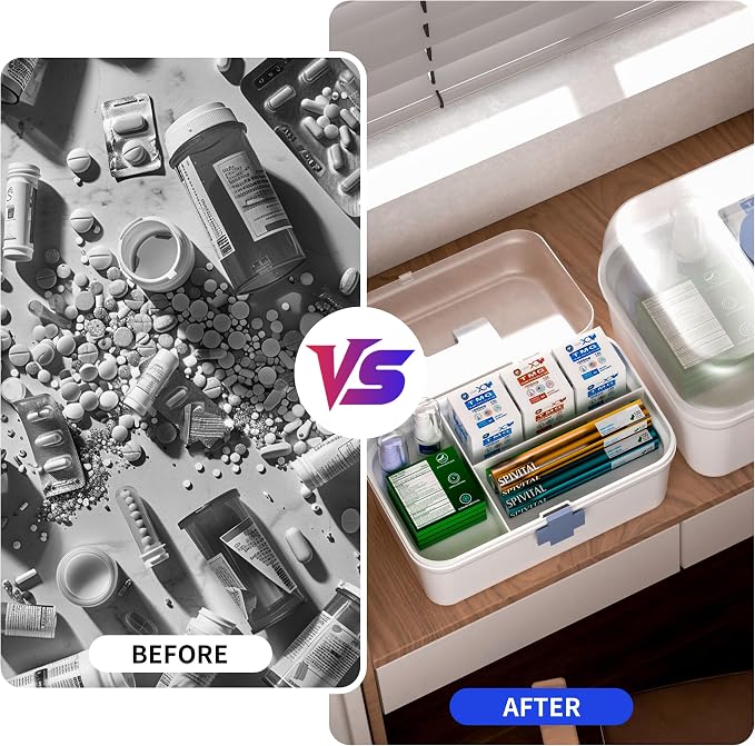 2-Pack Medicine Storage Box Separate Adult Child Medication | See-Through Lid, Prevents Mix-Ups, Small & Large Medicine Cabinet Organizer, Portable First Aid Box with Handle & Tray