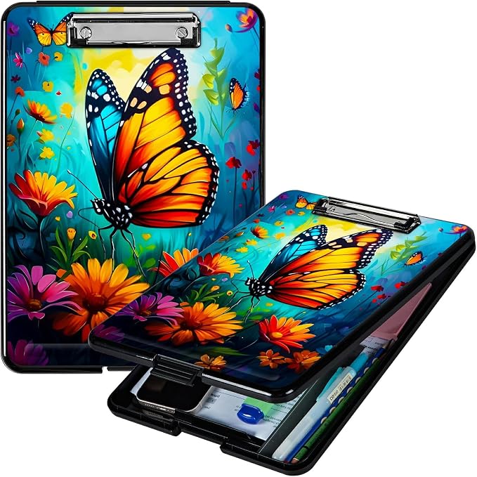 Butterfly Blue Sky A4 Clipboard with Storage Pen Holder, Clipboards Organizer Nursing Clipboard Foldable File Folder Plastic Clipboard Folio Clip Board for Office Students Classroom Doctor