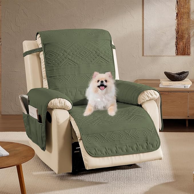 Boho Quilted Recliner Covers, Water-Repellent Recliner Slipcovers, Lazy Boy Chair Covers, Pet Friendly Recliner Cover for Dogs Cats, Washable Furniture Protector (Recliner 22", Olive Green)
