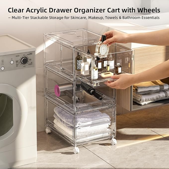 Large Clear Storage 3 Drawer Organizer with Wheels for Closet | Plastic Drawer Organizer, Storage Bins with Drawers, Dustproof Rolling Cart Bedroom, Bathroom, Home Office, and Dorm Rooms