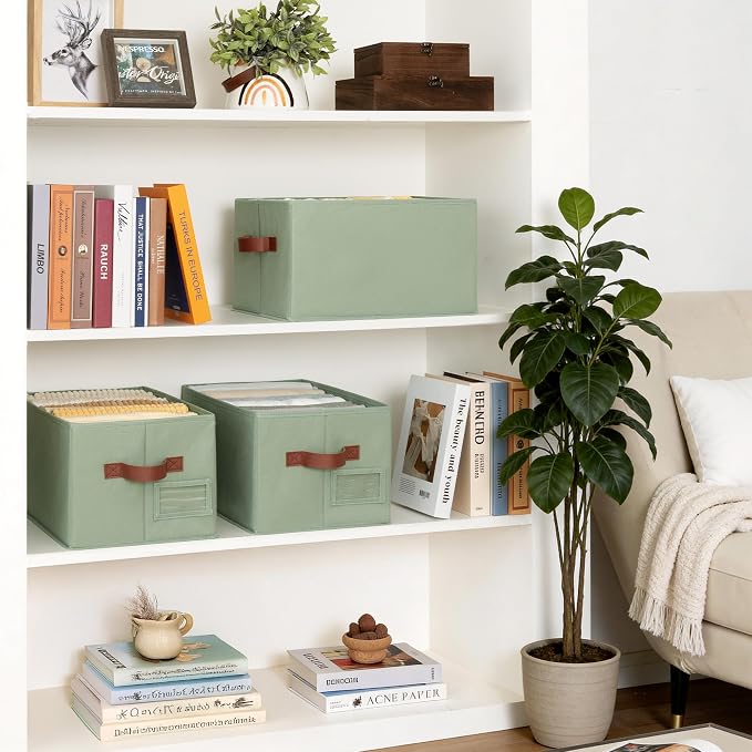 GRANNY SAYS Closet Storage Bins with Label, Sage Green, Medium, 3-Pack | Fabric Storage Bins, Closet Storage Bins for Shelves, Collapsible Storage Boxes, Decorative Storage Box
