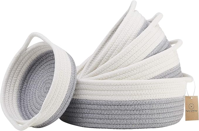 5-Piece Round Woven Cotton Rope Storage Baskets for Organizing, Small Shallow Nesting Set for Montessori Toys, Entryway Catchall, Fruit Bowl, Key Tray, Remote Holder, Nursery & Pet Toys