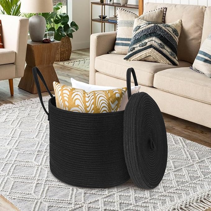 15" X 13" Large Black Basket with Lid, Cotton Rope Storage Basket for Blanket, Toy, Pillow, Towel, Laundry, Wicker Living Room Bedroom Storage Bin, Black Woven Organizing Basket with Cover