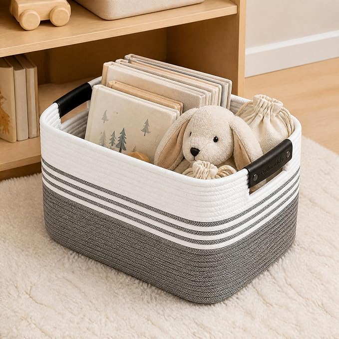 15.4GAL Woven Laundry Basket for Kids, Cute Boho Square storage basket for Living Room Decor, Baby Girls Boys Toys Stuffed Animal Decorative Short Hamper for Dirty Clothes, Bath Towel,Shoes Mix Black