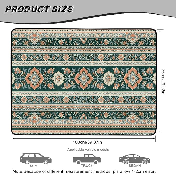 Howilath Heavy Duty Car Trunk Mat Non-Slip All Weather Green Floral Striped Aztec Rear Trunk Protection Auto Interior Accessory Durable & Easy Clean