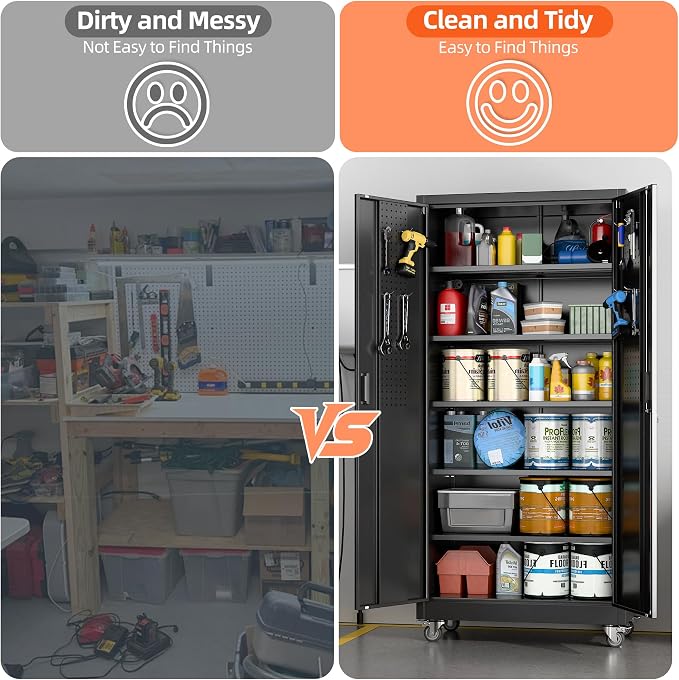 Garage Storage Cabinet with Wheels and Pegboard Doors, Black | 71"H x 34"W x 18"D steel cabinet with 5 adjustable shelves, 4 casters, 4 hooks and 3-point locking; assembly required.