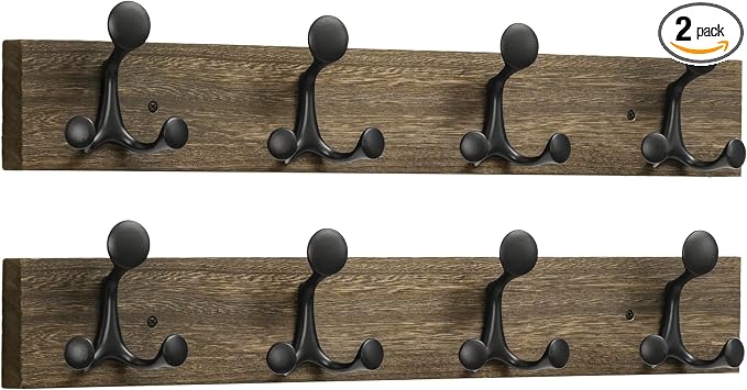 SKOLOO 24-Inch Wood Burnt Coat Rack Wall Mount with 4 Triple Hooks - Ideal for Family Entrances, Classrooms, and Pet Supplies Storage - Perfect Coat Hooks for Wall, Pack of 2