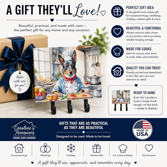 Caroline's Treasures Australian Cattle Dog The Chef Leash or Key Holder Wall Hooks, Key Hooks Holder, Coat Rack Wall Mount, Coat Hooks, Hooks for Hanging Keys, Towels, Aprons, Leashes | Australian Cattle Dog The Chef artwork on ceramic tile with three ...