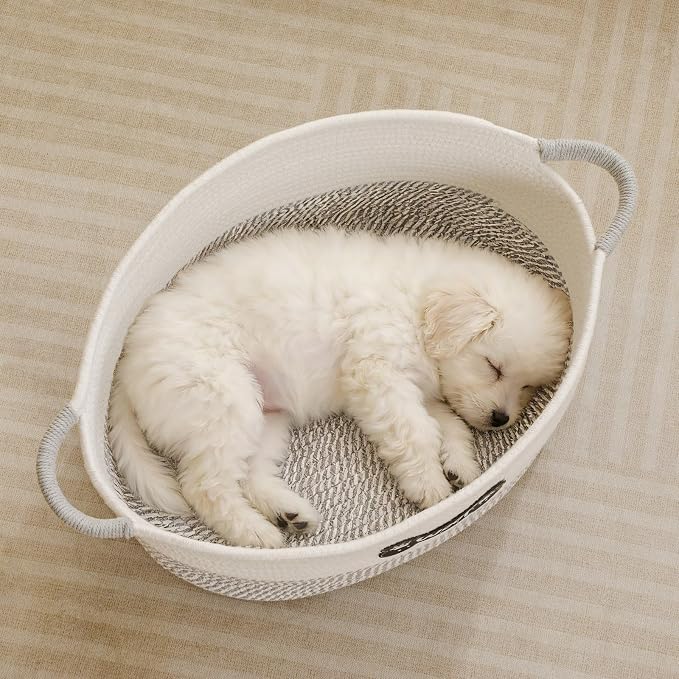 Dog Toy Basket, Dog Toy Box Organizer Baskets, Woven Cotton Rope Pet Puppy Dogs Toy Bin With Handle, Chew Toys Blankets Leashes Grey Storage Baskets for All Pets - Puppies to Large