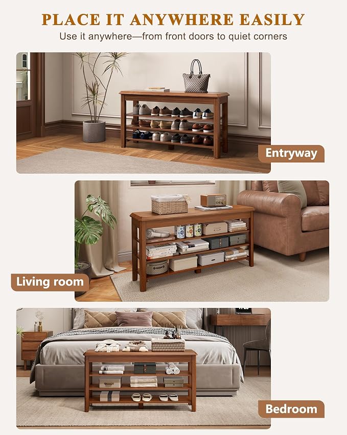 IUNVR Shoe Rack Bench Seat Rubberwood 3-Tier Wooden Storage Bench 550lbs Compact Mid-Century Modern Design for Entryway, Hallway, Closet, Front Door Entrance, Foyer