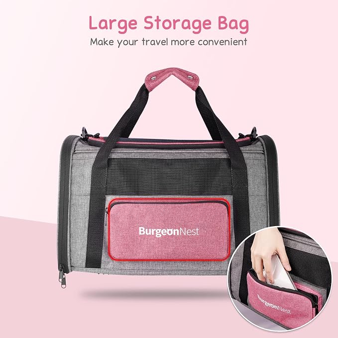 BurgeonNest Soft Cat Carrier for Cats up to 20 Lbs, Top Load Pet Carry Bag | Collapsible Small Pet Carrier Soft-Sided Escape Proof with Unique Side Bag, Breathable Mesh for Car Travel, Medium Pink