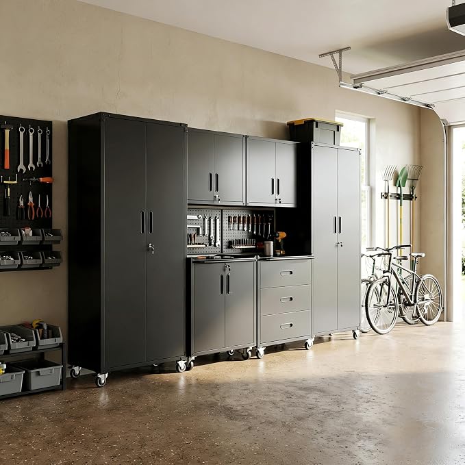Garage Cabinet System | Heavy Duty Steel All-in-One Modular Garage Cabinet Set for Ultimate Workshop Organization | Easy Assembly Garage Storage Cabinets & Tool Bench