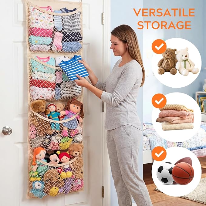 Cotton Over The Door Stuffed Animal Storage | Toy Organizer for Storage Plush Toys, Stuffed Animal Holder with 4 Large Pockets, Hanging Door Organizer for Nursery