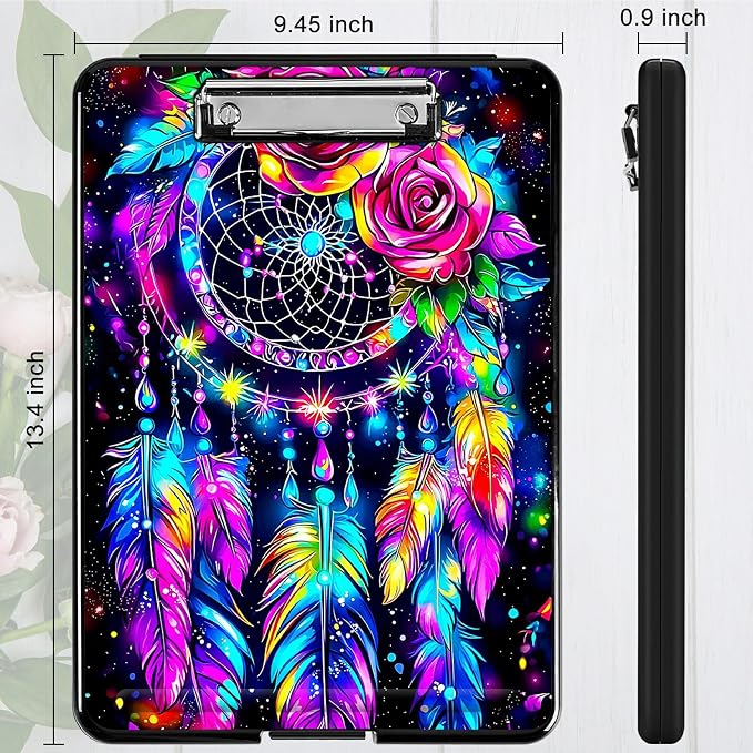 Artistic Dreamcatcher A4 Clipboard with Storage Pen Holder, Clipboards Organizer Nursing Clipboard Foldable File Folder Plastic Clipboard Folio Clip Board for Office Students Classroom