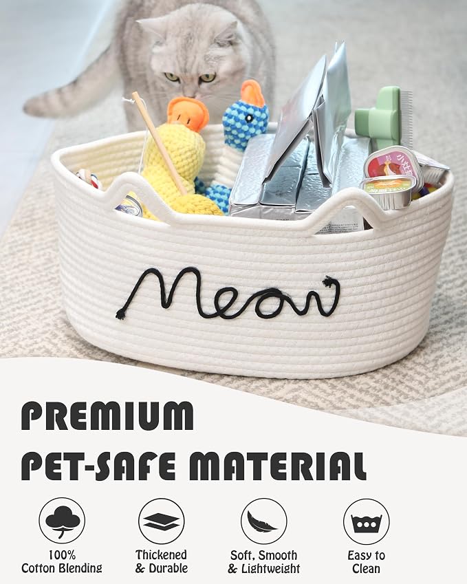 Sea Team Cat Toy Storage Basket with Handles and Ears, White Meow | Large Cotton Rope Storage Bin, Shelf Basket, Organizer for Pet Chew Toys, Foods, 16.5 x 11 x 7 Inches, 4.4 Gallons