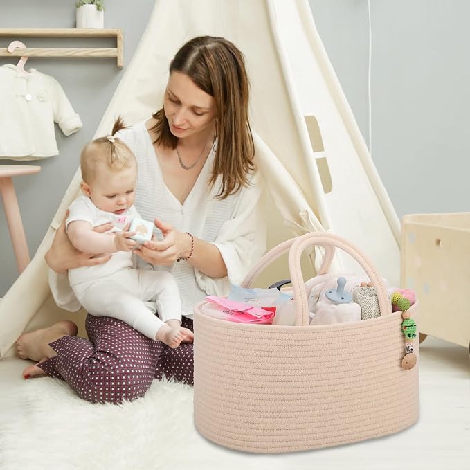 COMSE Large Cotton Rope Baby Diaper Caddy Organizer with Handles, Beige