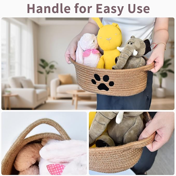ABenkle Small Woven Basket with Handle, Cute Dog Baskets for Gifts Empty, Decorative Rope Woven Storage Dog Toy Basket, Nursery Baskets for Baby Shower, 12" x 8" x 5"