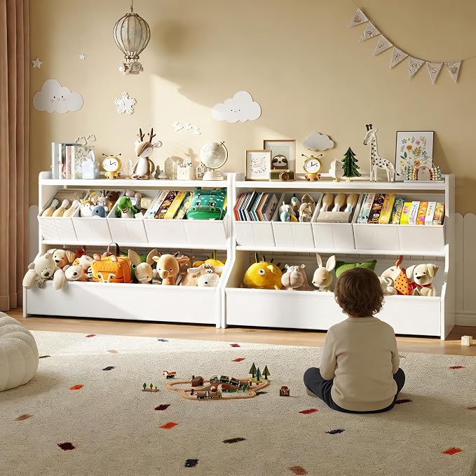FOUCSSOMEI Extra Large Toy Storage Organizer for Kids, Wooden Toy Organizer and Storage with Bookshelf, 3 Removable Bins and Large Storage Bin, Toy Shelf for Playroom, White, Patent Design