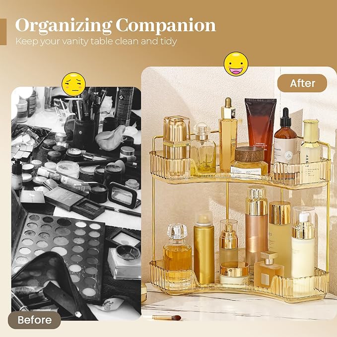 Aveniee Corner Bathroom Counter Organizer, Bathroom Countertop Shelf Makeup Organizer for Vanity Perfume Tray for Corner Storage (2 Tiers, Gold)