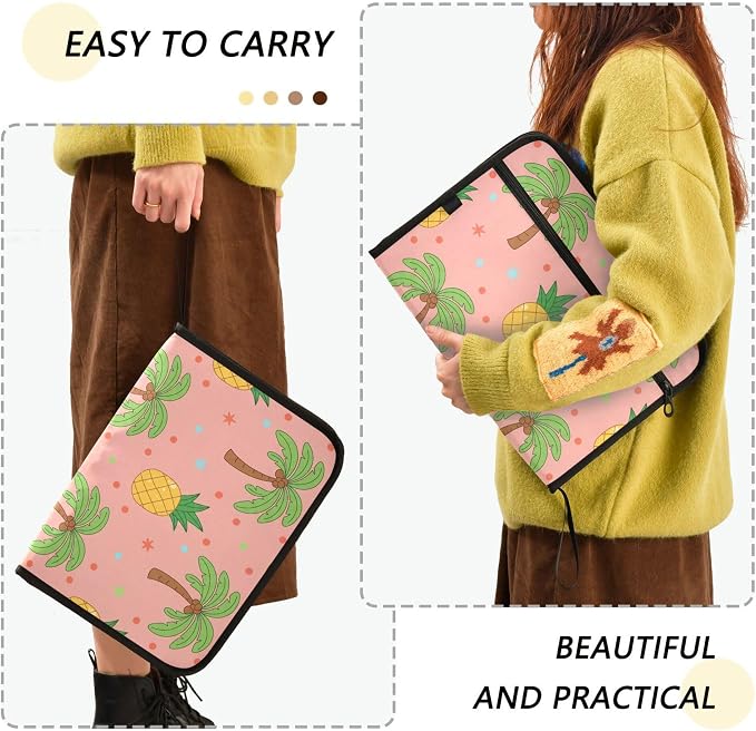 Tropical Pineapples Pink Expanding File Folder with Sticky Labels, 13 Pockets Accordion File Folder Document Organizer Expandable Zip File Folder with Zipper Closure