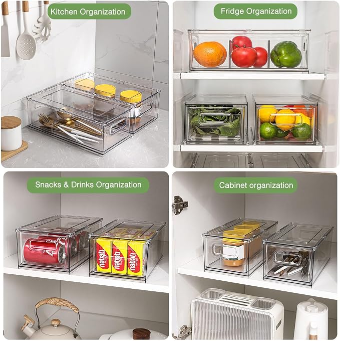 3.7QT Refrigerator Fridge Organizers Storage Bin with Pull-out Drawer,2 Pcs | Plastic Fridge Organizers and Storage with Handle, Stackable Fruit Vegetable Storage Containers for Kitchen Bathroom Pantry