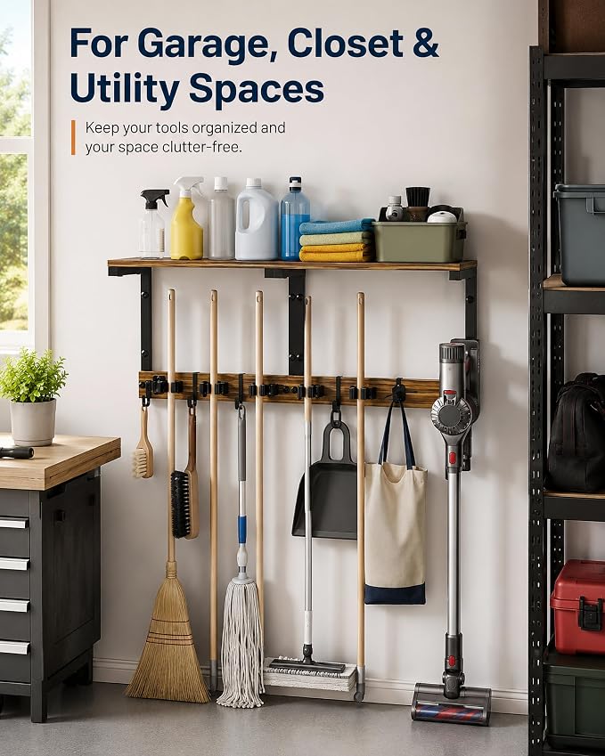 Broom and Mop Holder Wall Mount, 27" Large Organizer with Wood Shelf | Vacuum Holder, 5 Heavy-Duty Grippers, 5 Movable Metal Hooks for Laundry Room, Garage and Utility Closet Organization