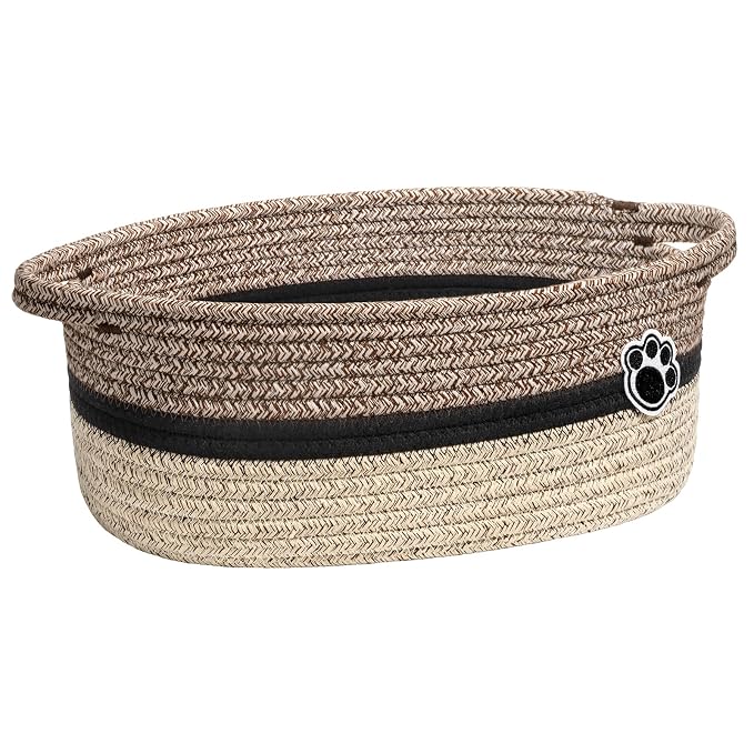 Woven Rope Dog Toy Basket with Paw Print, Brown Mix | 12"x 8" x 5" Small Dog Toy Bin & Box with Handles, Fits Living Room Bedroom Nursery Organization, Gift Basket Empty for Pets