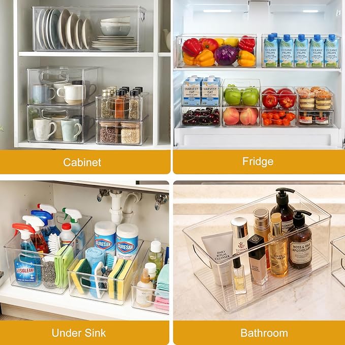 Hudgan 8 Pack Freezer Organizer Bins,Stackable,Clear Bins for Fridge,Pantry | Straight Side, 3 Sizes, 2 XL Storage Container, 3 Large Cabinet Organizer, 3 Medium Storage Drawer