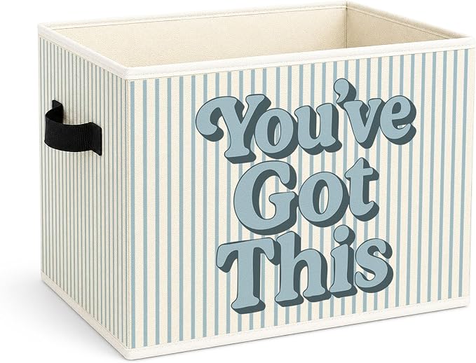 You’ve Got This Storage Bin, Blue White Stripe Fabric Basket | Motivational foldable fabric organizer for nursery, bedroom, classroom, toys, books, and clothes