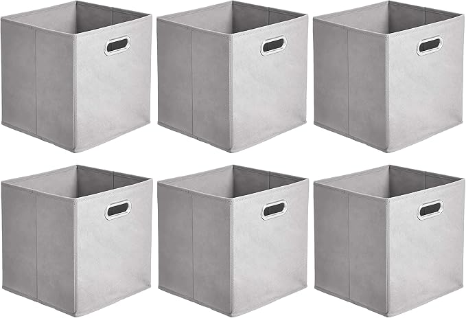 Amazon Basics Collapsible Cube Storage Bins, Space-Saving, Organizing Fabric Bins with Handles, 10.5 x 10.5 x 11 inches, Light Grey, 6-Pack