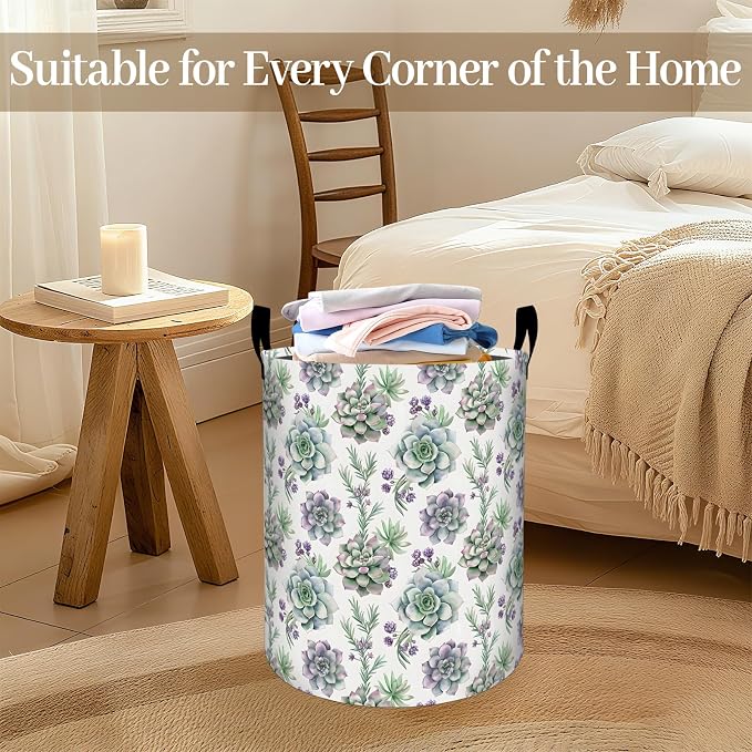 Succulent Laundry Basket, Botanical Floral Foldable Oxford Cloth, Waterproof Dirty Clothes Hamper with Handles, Clothing Storage Bin Toy Organizer for Bedroom Dorm Bathroom, 19.7"x15.7"