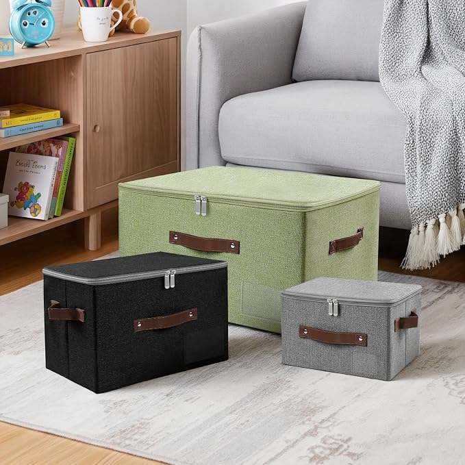 ANMINY Small Storage Box Fabric Bins with Zipper Lid, 10"x8"x7" Green 3PCS | Keepsake Box, Decorative, Cotton Linen, Reinforced PP Board Frame, Washable, Stackable & Foldable, Label Holder & PU Handles