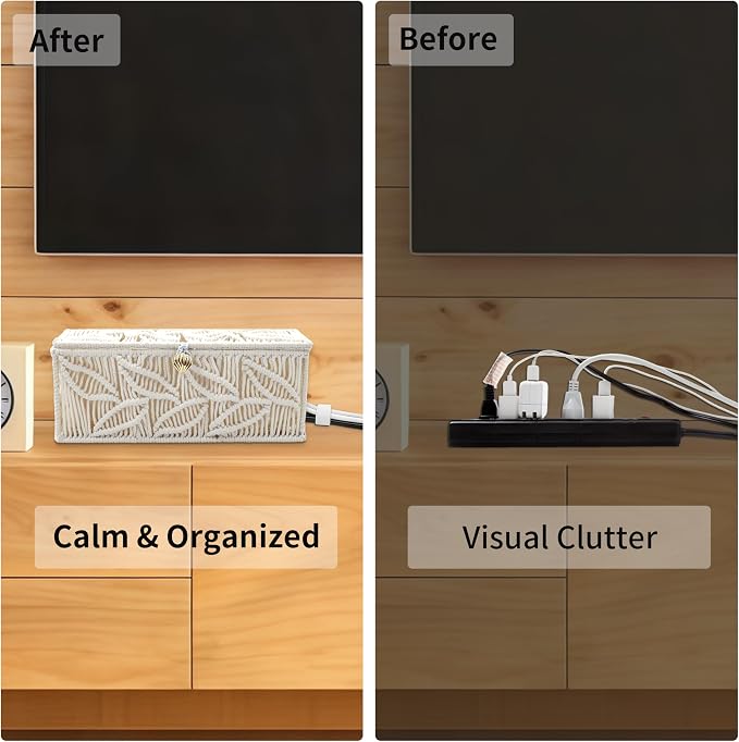 Cotton Rope Cable Management Box: 13" Handwoven Cord Organizer | Breathable Design, Natural Boho Design, Pet & Baby Safe, Cable Cover & Hider, Power Strip Storage, TV Wire Organizer