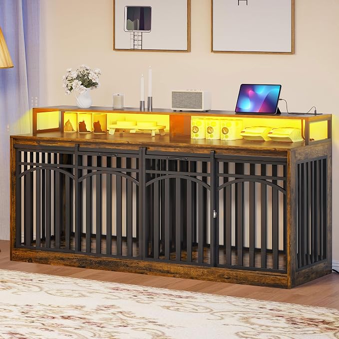 DWVO 71" Double Dog Crate Furniture with LED Light & Power Outlets | Heavy Duty Dual Dog Kennel TV Stand w Shelves & Sliding Doors, Wooden Dog Cage Table 2 Medium Large Dogs, Rustic Brown
